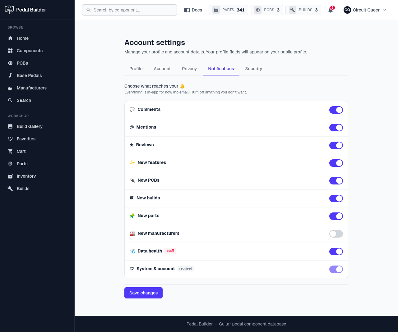 Account settings → Notifications — a per-category toggle matrix with staff and required badges