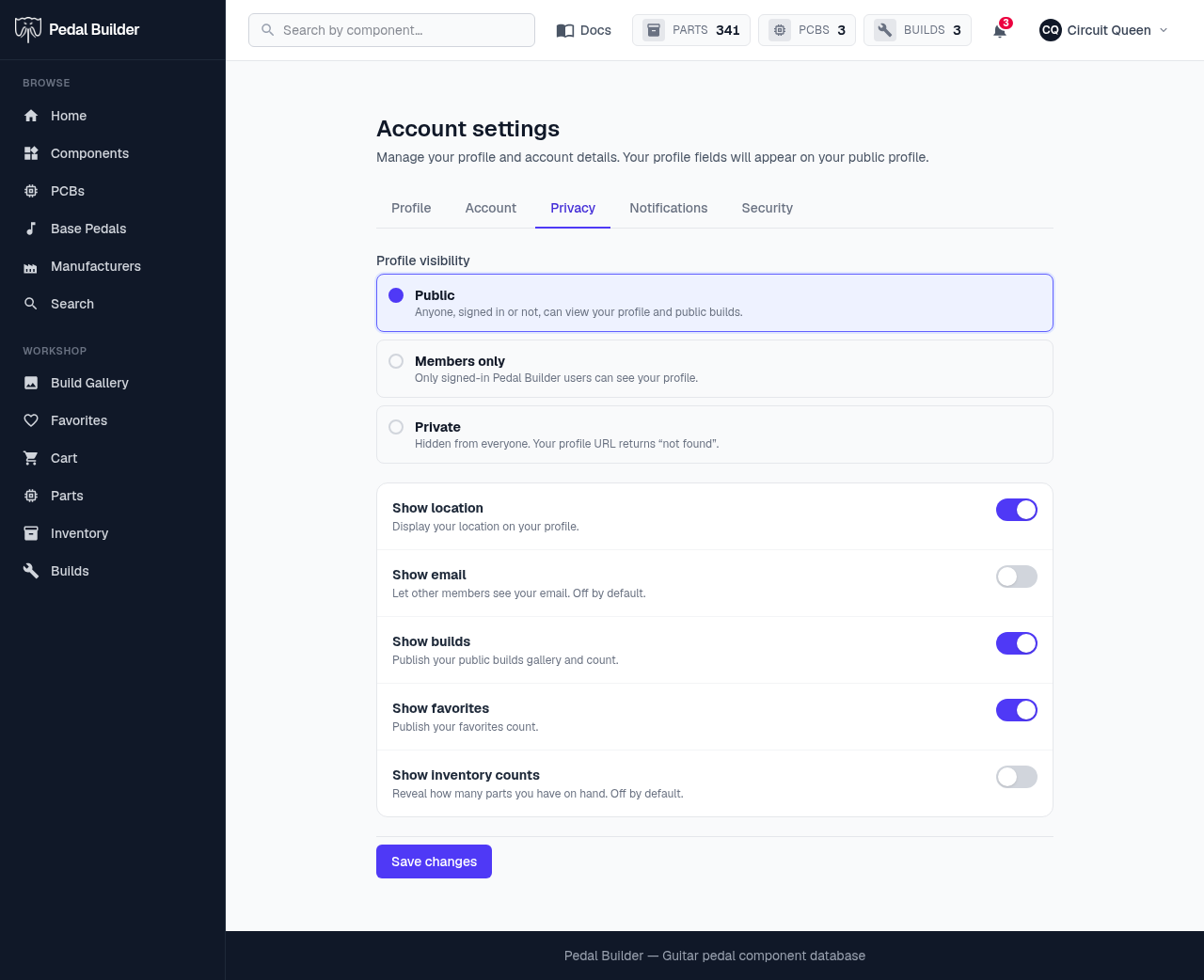 Account settings → Privacy — visibility radios and five show/hide toggles