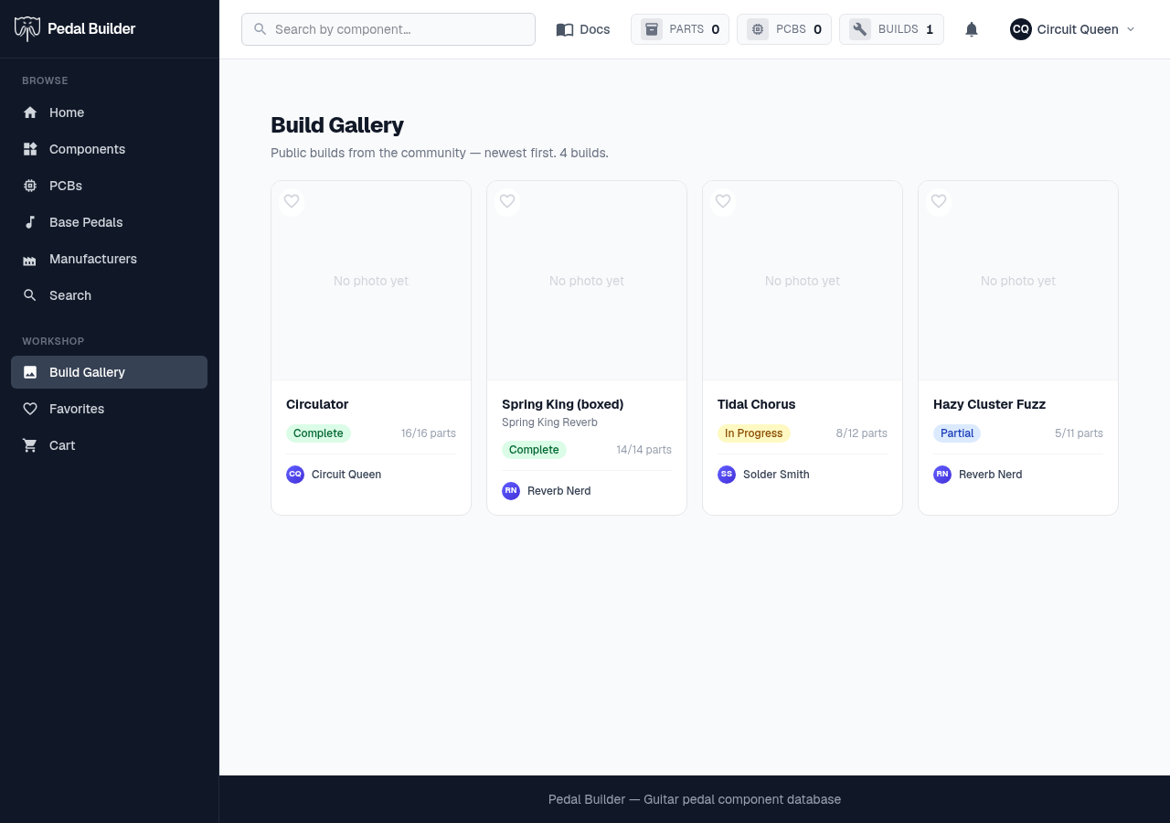 The Build Gallery — a grid of community build cards, the first a completed Circulator