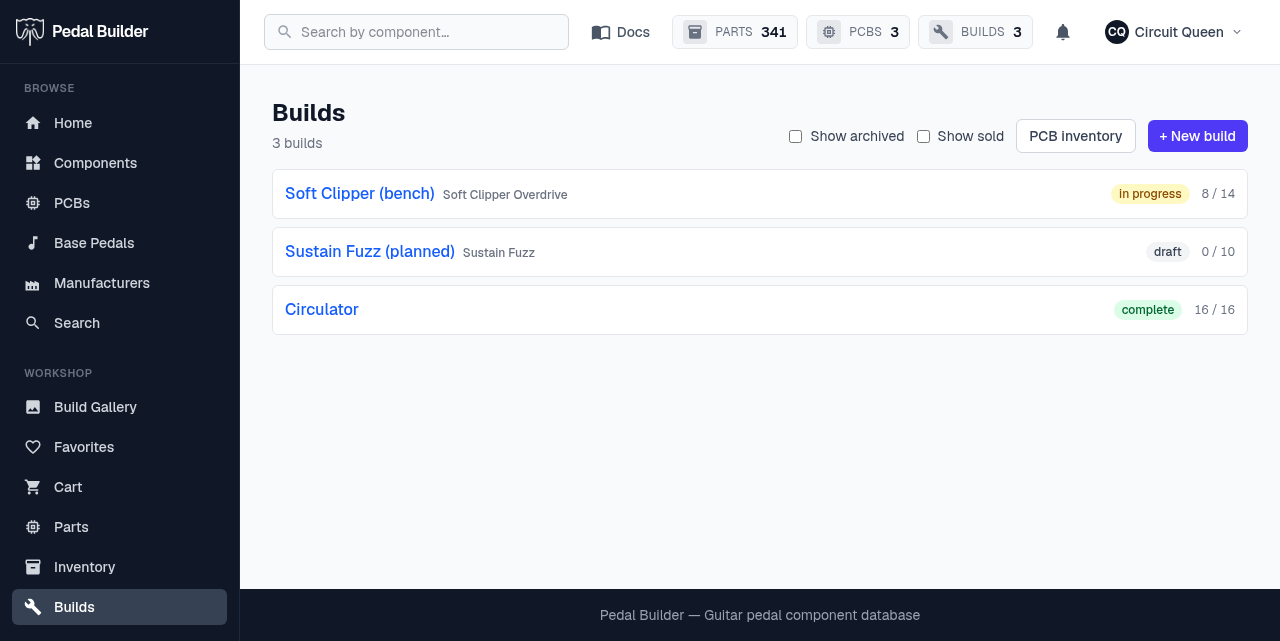 The builds tracker — a list of builds with state badges and filled/total counts