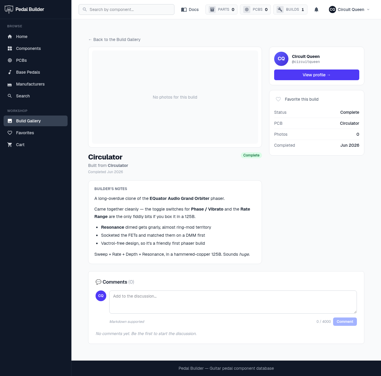 A public build profile for a completed Circulator — photo area, notes, builder card, and meta