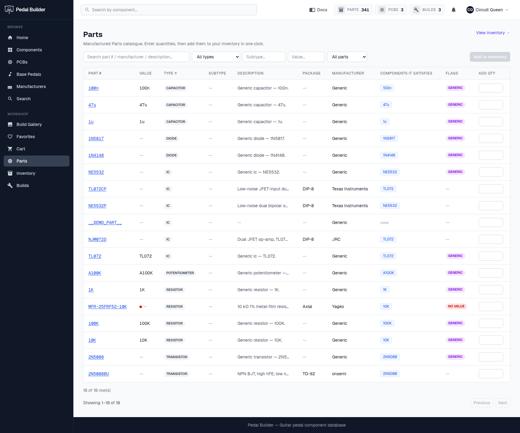 The Parts catalog — filter bar, the shared parts table, and a per-row Add-Qty column