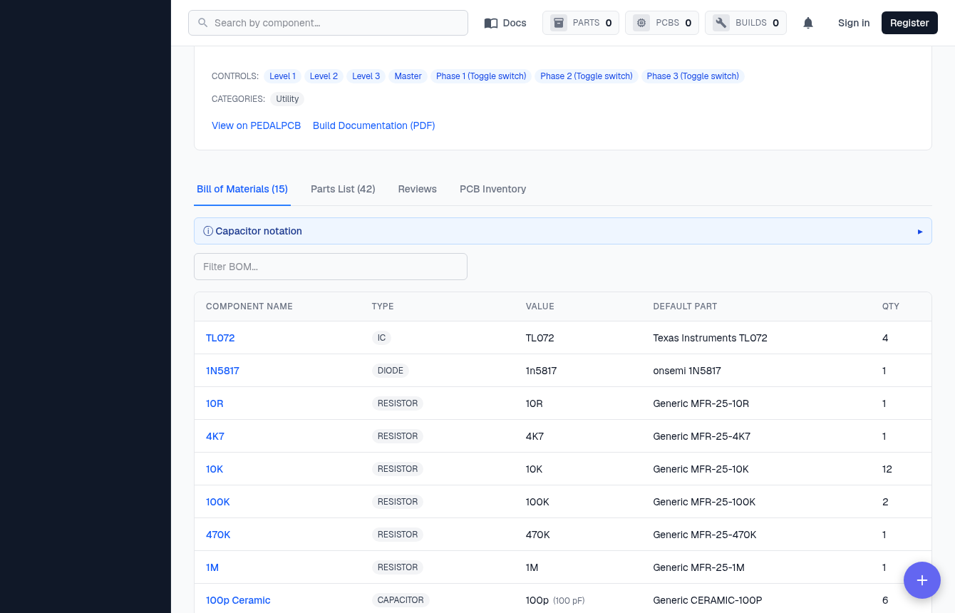 The Bill of Materials tab — distinct components with combined quantities