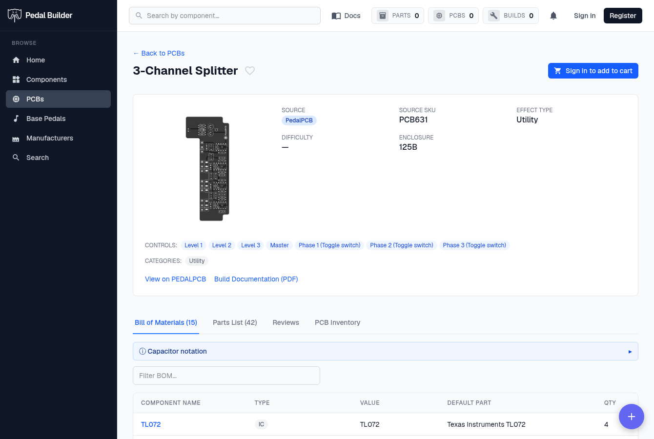 A PCB project detail page header — title, actions, metadata, controls, links, and the tabs