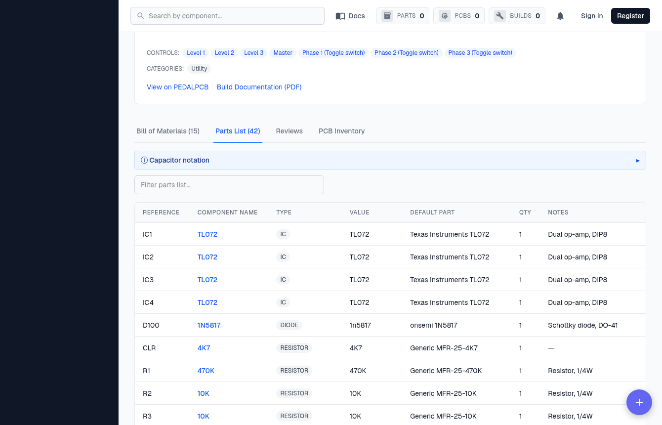 The Parts List tab — one row per reference designator