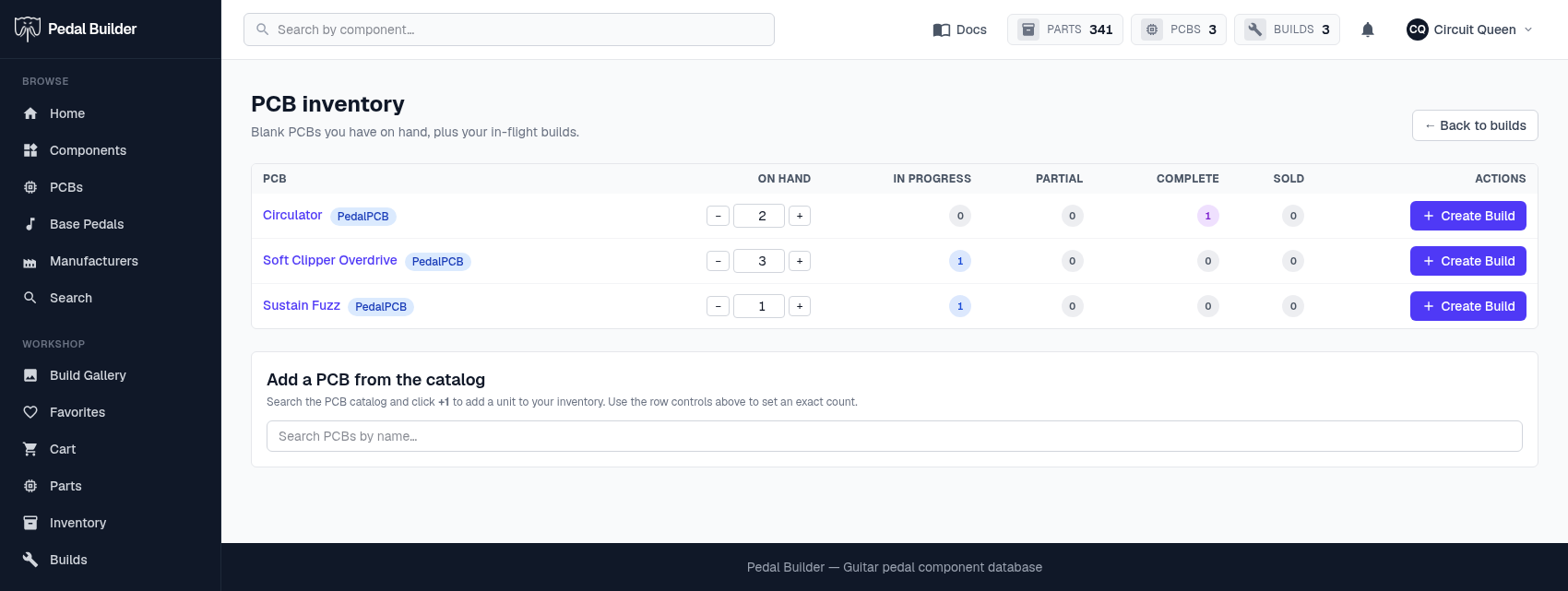 The PCB inventory table — on-hand steppers, per-state build counts, Create Build, and a catalog search