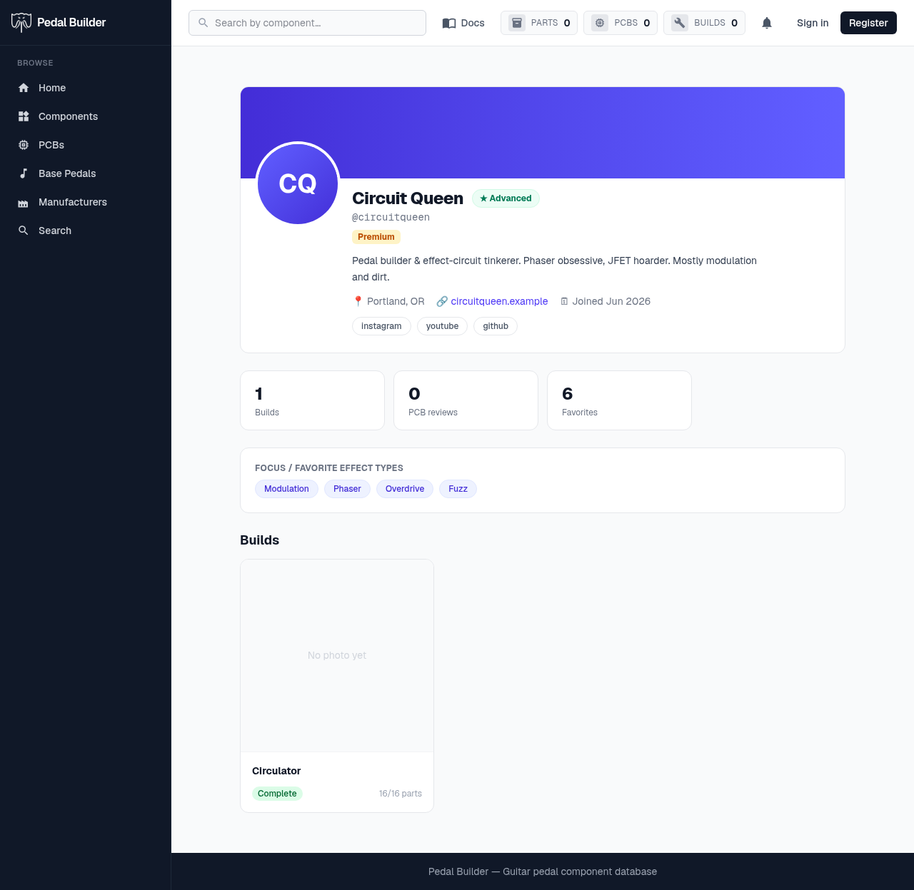 A public profile — banner header with avatar, badges, bio, links, stat cards, effect types, and a builds grid