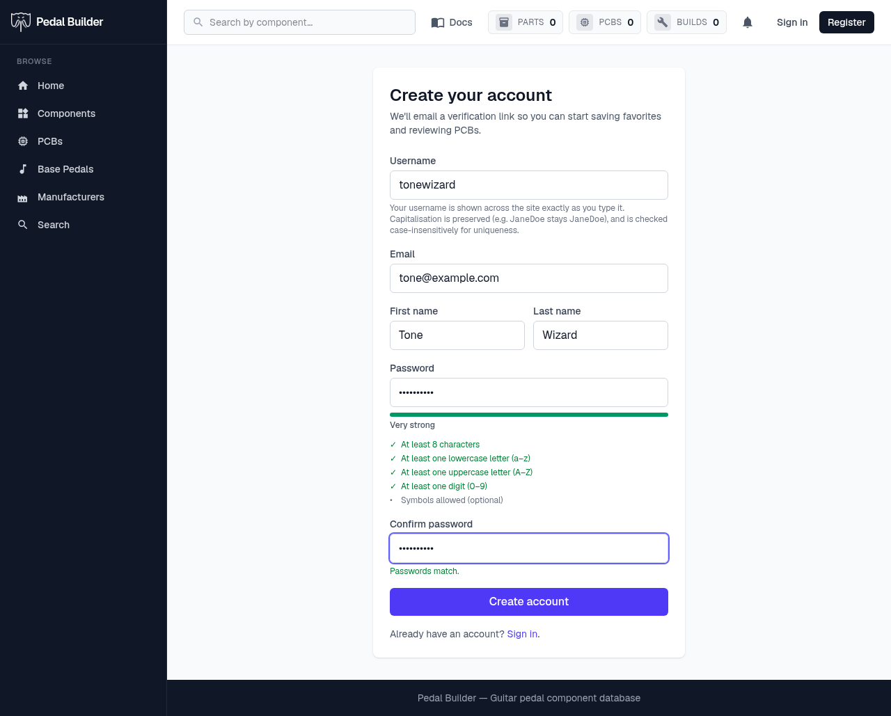 The registration form — username, email, name, password with a live strength meter and rules, and confirm