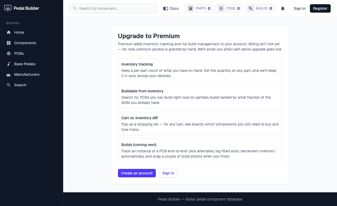 The Upgrade to Premium page — four feature cards and sign-up / sign-in CTAs